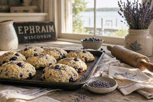 Lavender blueberry scones cooling on a baking tray in a rustic Door County farmhouse kitchen with a Green Bay view
