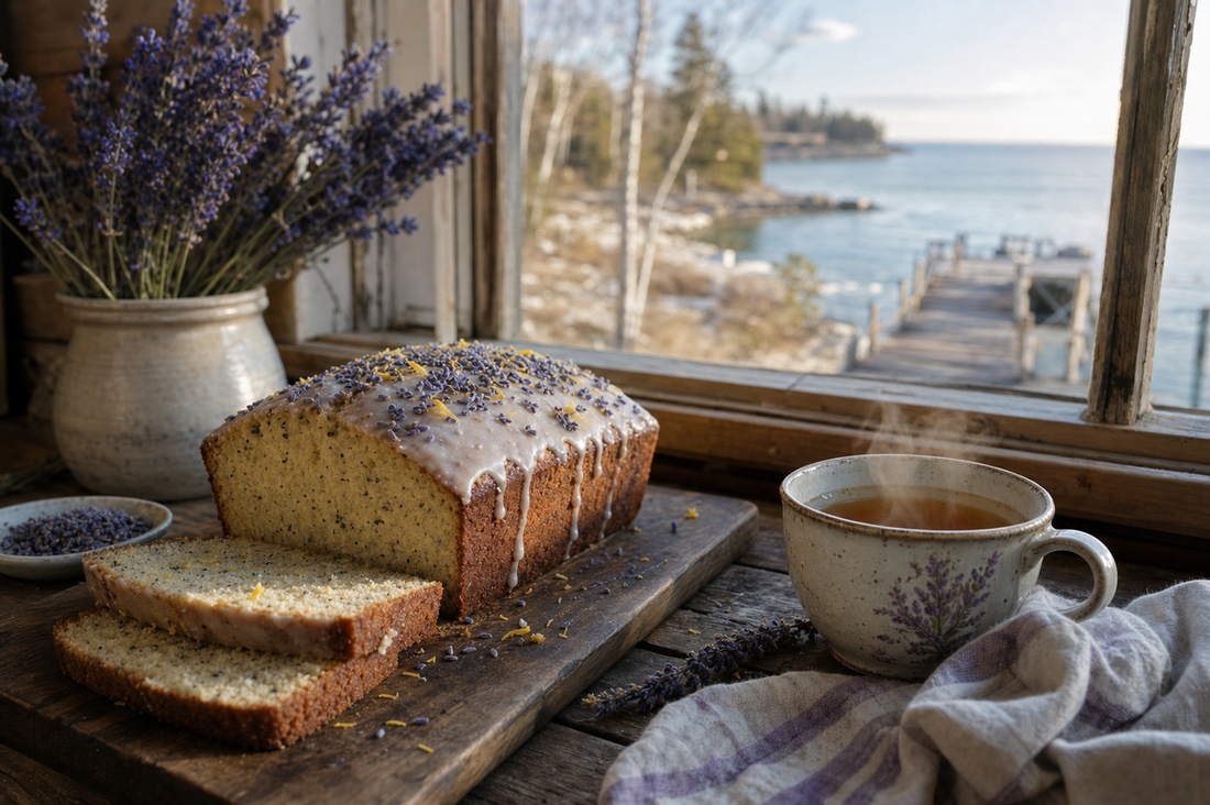 Earl Grey lavender tea cake by a Green Bay window in Baileys Harbor, Wisconsin — Door County farmhouse kitchen scene.