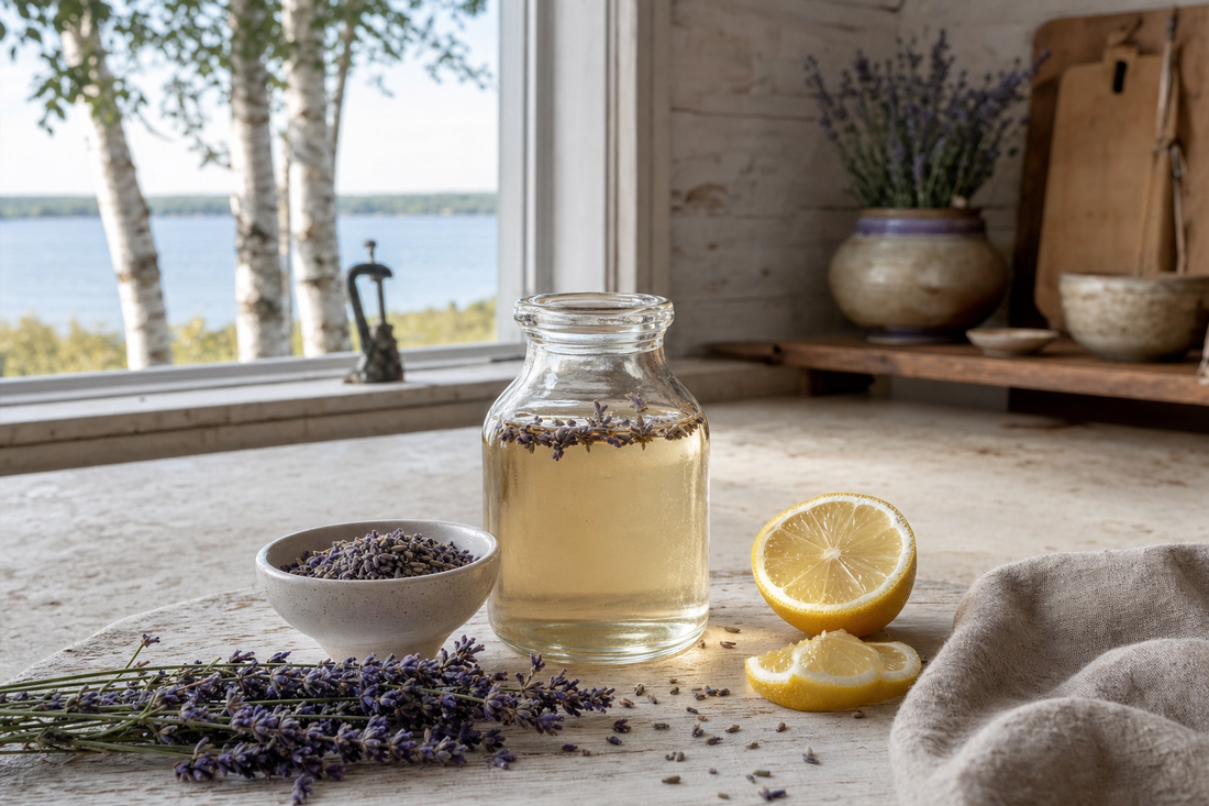 Lavender simple syrup jar with lemon in a Door County, Wisconsin farmhouse kitchen overlooking Green Bay.