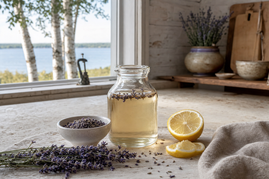 Lavender simple syrup jar with lemon in a Door County, Wisconsin farmhouse kitchen overlooking Green Bay.
