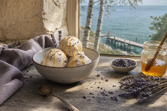 Lavender ice cream recipe with honey on a rustic table by Green Bay in Door County, Wisconsin.