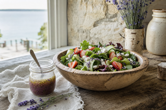 Lavender vinaigrette jar beside a summer salad in a Door County, Wisconsin farmhouse kitchen with Green Bay view.