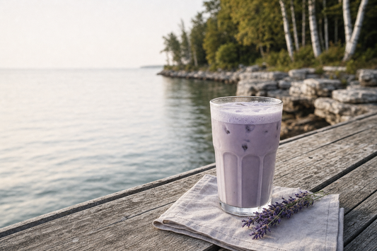 Iced lavender latte on a Green Bay dock in Door County, Wisconsin — easy lavender latte recipe at home.