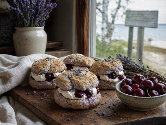 Lavender shortcakes with whipped cream and Door County cherries on a rustic table in Baileys Harbor, Wisconsin.