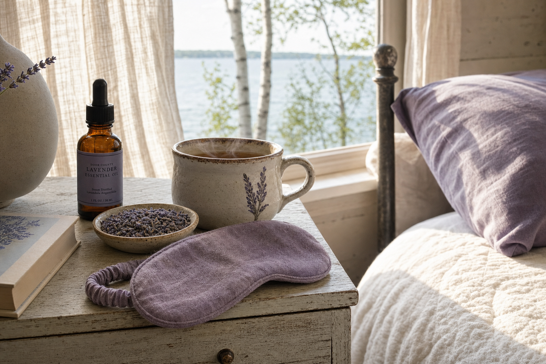 Lavender essential oil on a bedside table in Ephraim, Wisconsin, with a Green Bay view.