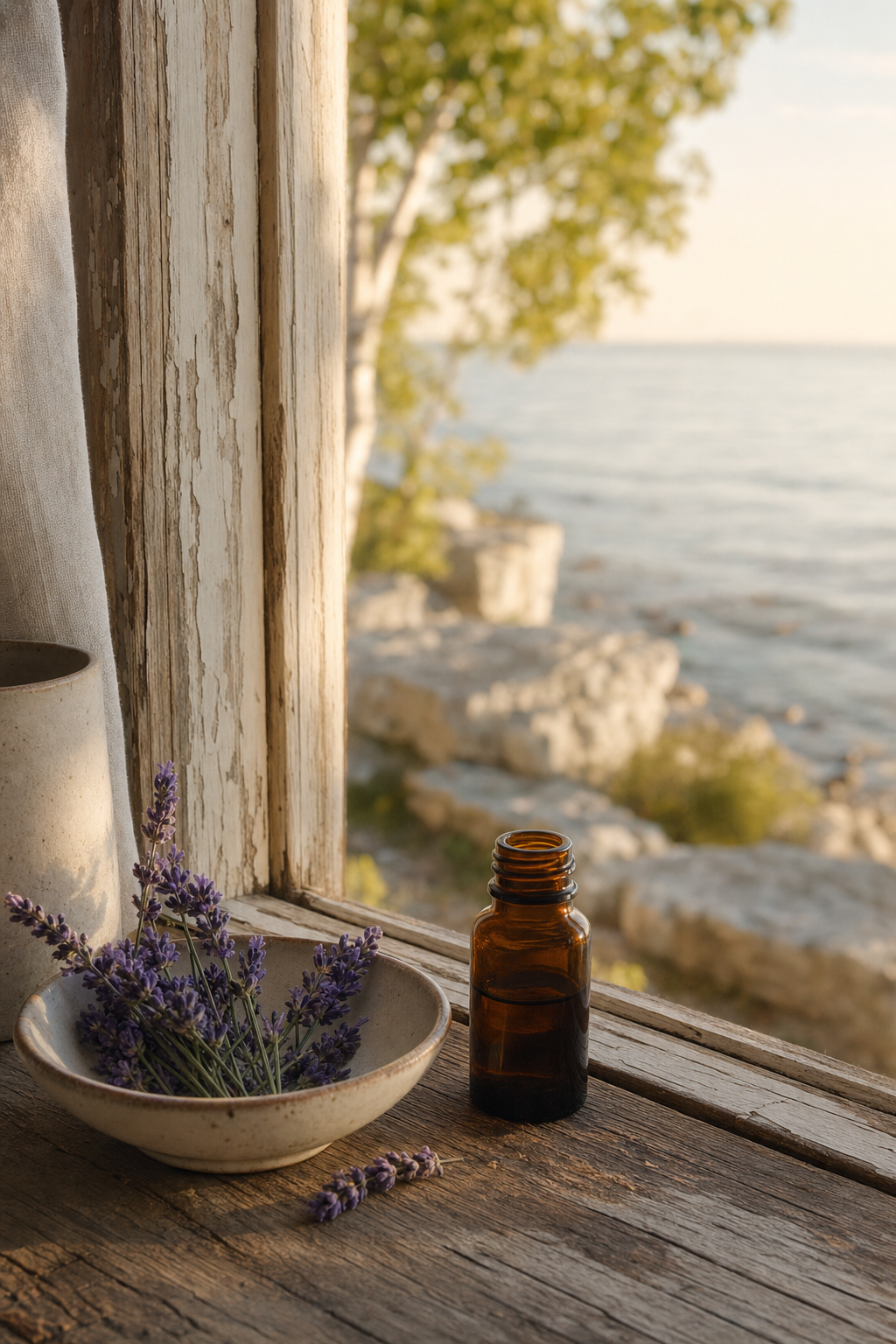 Amber lavender essential oil bottle and Hidcote sprigs on a Door County windowsill overlooking Green Bay in Ephraim.