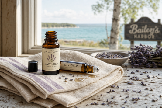 Lavender essential oil bottles by a window with Green Bay view in Baileys Harbor, Wisconsin.