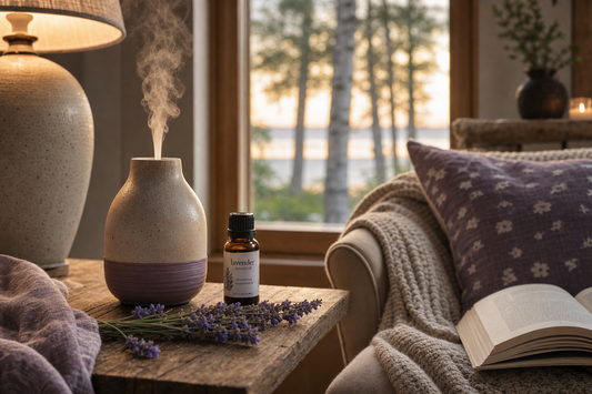 Ceramic ultrasonic lavender diffuser and amber oil bottle in a Door County cottage in Ephraim, Wisconsin, by Green Bay.