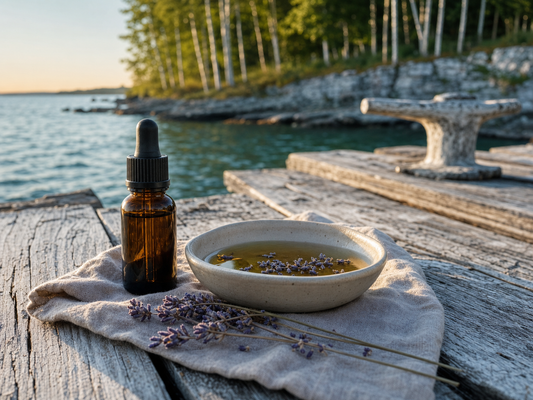 Lavender essential oil and infused oil on a Green Bay dock in Door County, Wisconsin, for gentle skincare rituals.