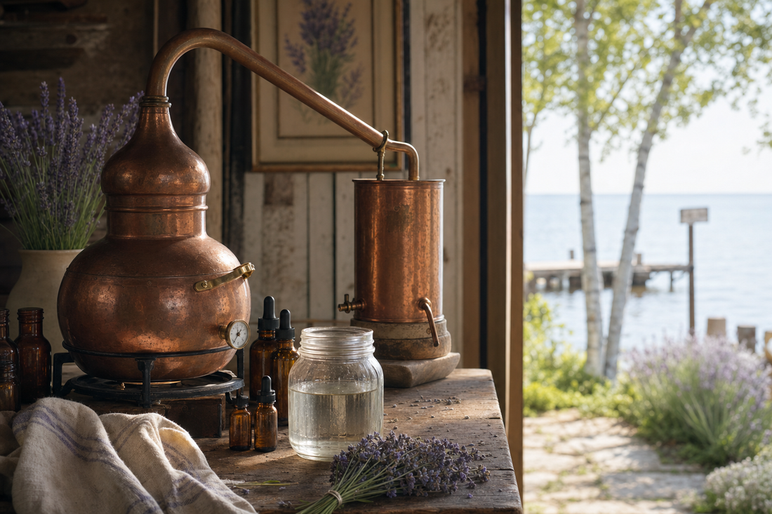Copper still distilling lavender essential oil in Door County, Wisconsin with a Green Bay dock view near Baileys Harbor.