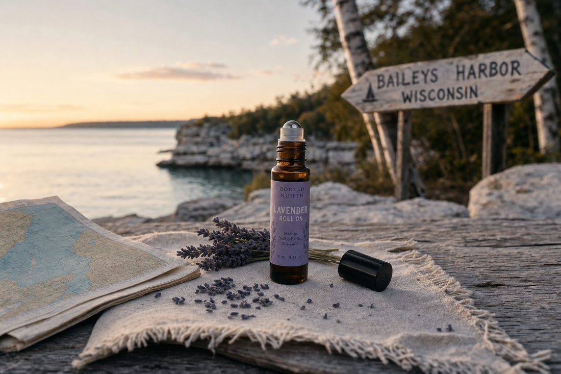 Lavender roll-on bottle on a dock by Green Bay in Baileys Harbor, Wisconsin—travel aromatherapy for Door County.
