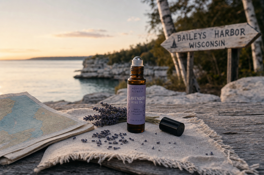 Lavender roll-on bottle on a dock by Green Bay in Baileys Harbor, Wisconsin—travel aromatherapy for Door County.