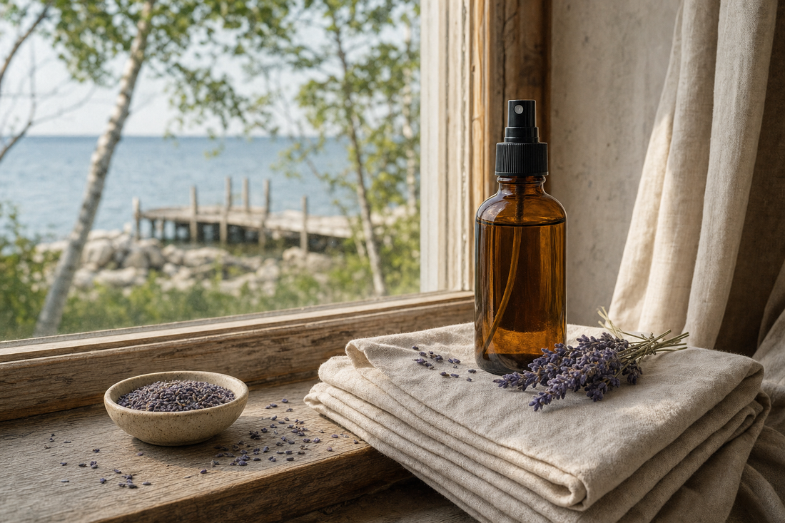 Lavender linen spray on folded sheets by a Green Bay window in Baileys Harbor, Wisconsin.