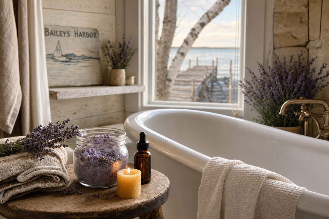 Lavender bath soak jar beside an amber oil bottle in a Baileys Harbor, Wisconsin cottage bath with a Green Bay view.