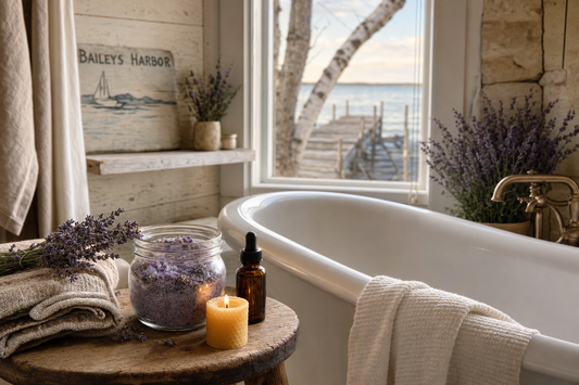 Lavender bath soak jar beside an amber oil bottle in a Baileys Harbor, Wisconsin cottage bath with a Green Bay view.