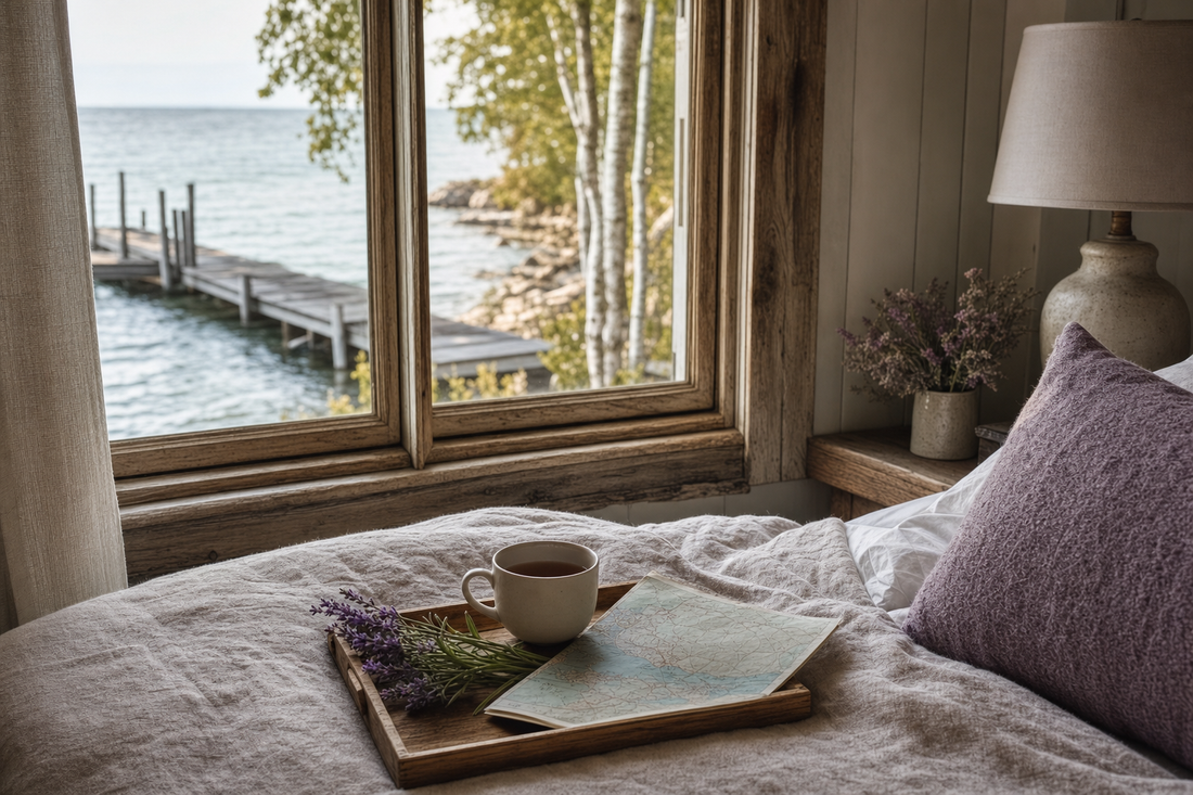 Ephraim Wisconsin weekend getaway scene with lavender tea by a window overlooking Green Bay and a weathered dock.