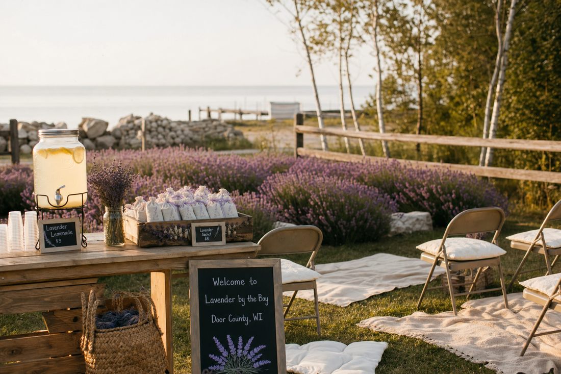 Door County lavender farm event setup in Baileys Harbor, Wisconsin with lavender rows, picnic seating, and Green Bay view