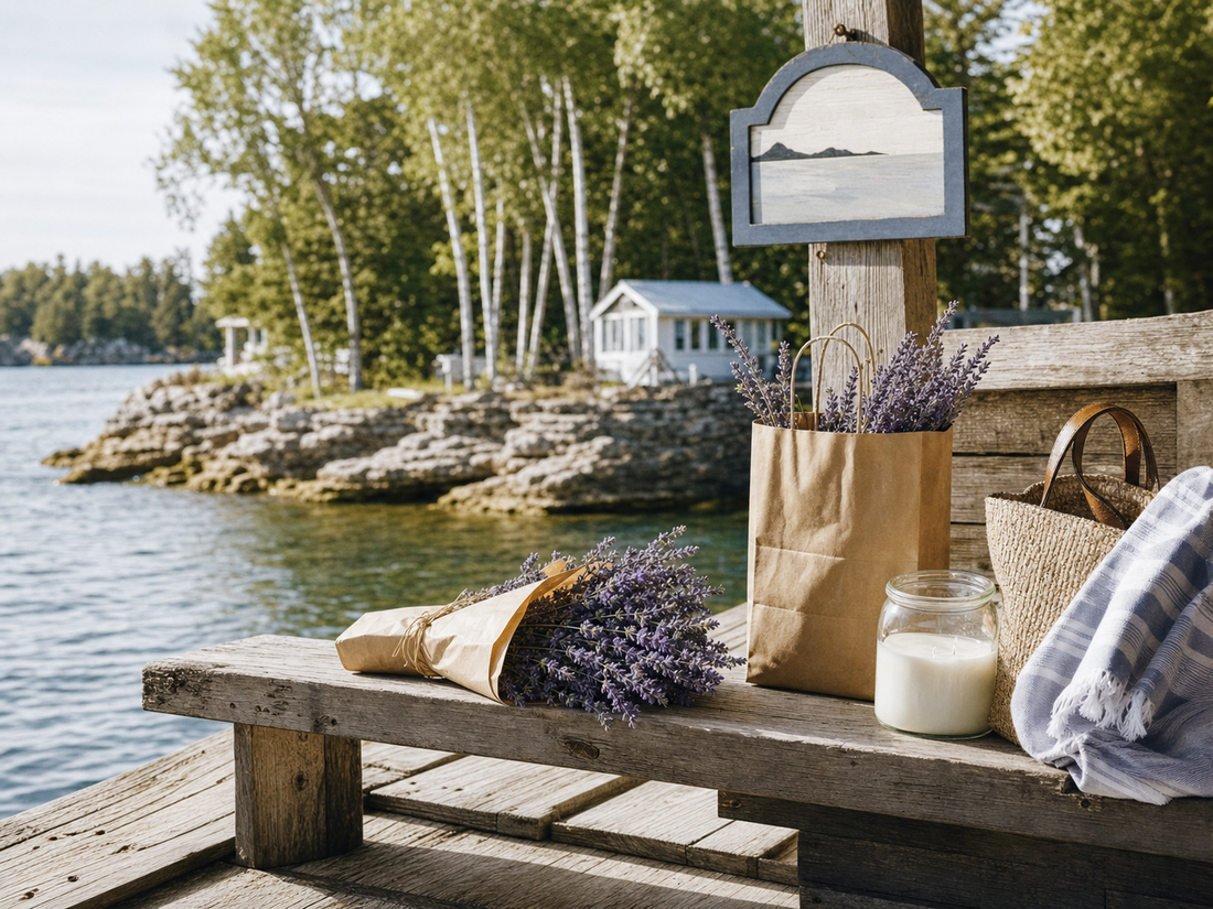 Lavender bouquet and shopping bag on an Ephraim, Wisconsin dock with Door County lake views in summer light