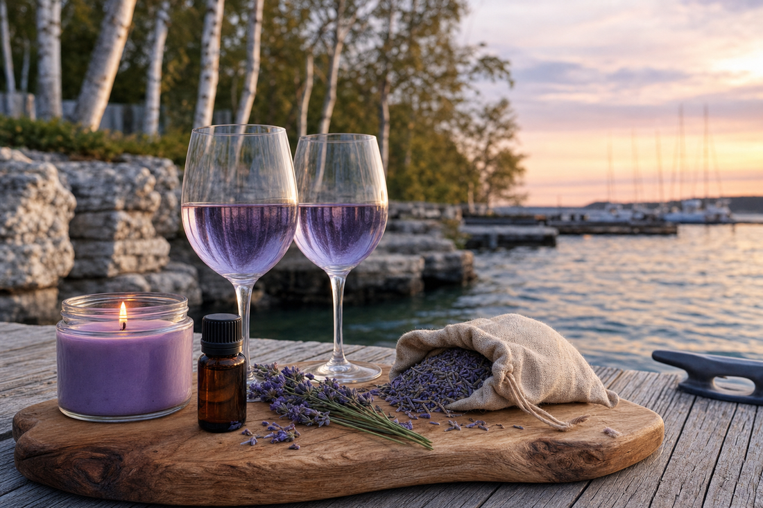 Lavender candle and oil beside wine glasses on a Green Bay dock in Door County, Wisconsin at sunset.