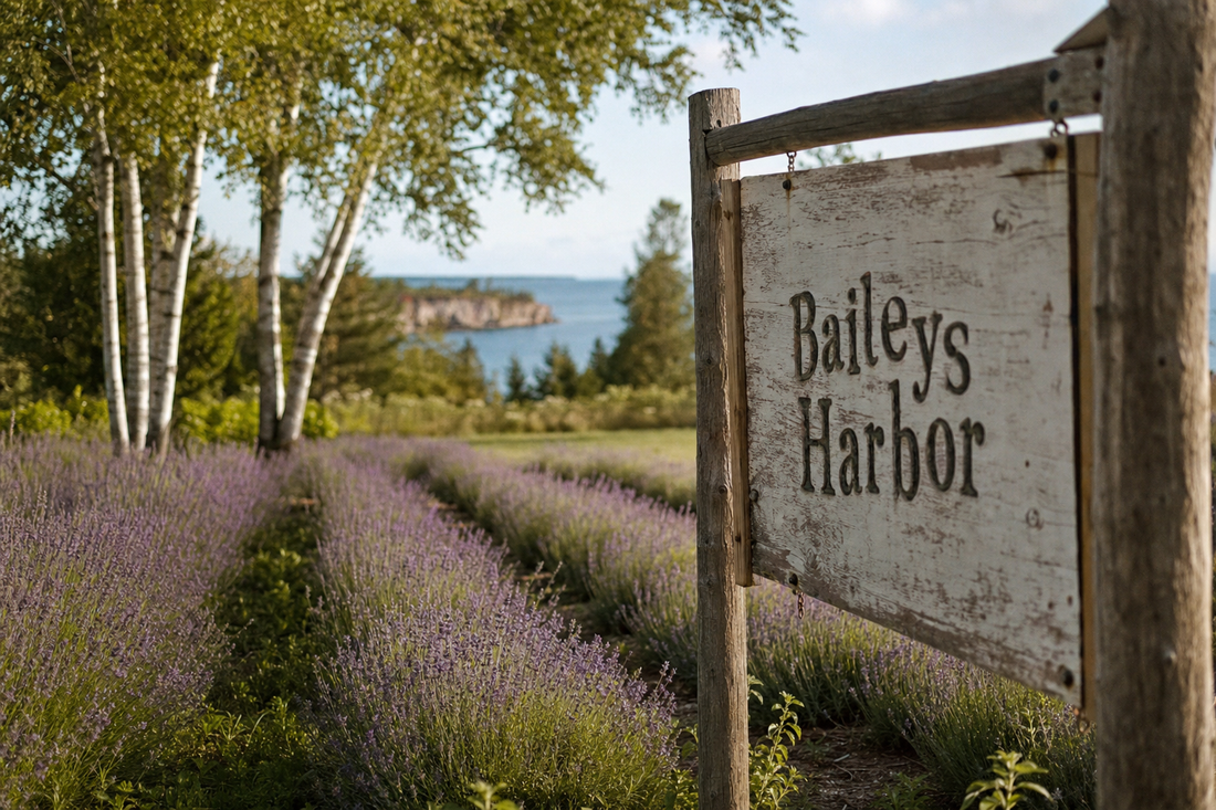 Baileys Harbor lavender field with rustic sign and Green Bay water view in Door County, Wisconsin.