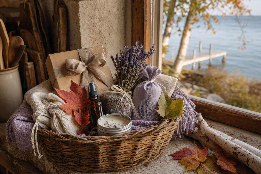 Fall lavender gift basket with candle and spray on a Door County Wisconsin windowsill overlooking Green Bay.