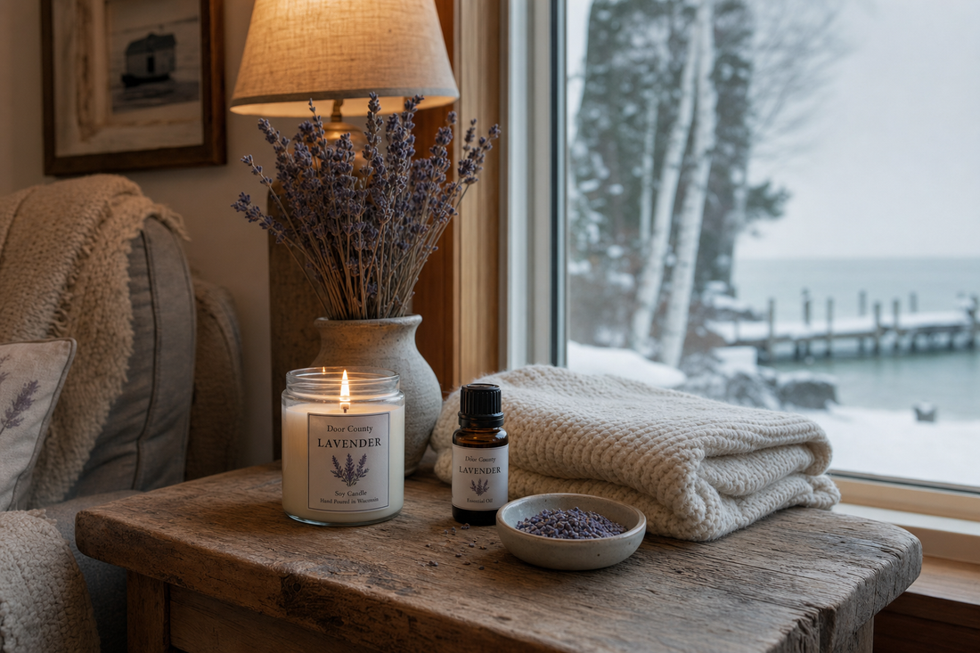 Lit lavender candle and essential oil on a rustic table by Green Bay in Baileys Harbor, Door County Wisconsin.