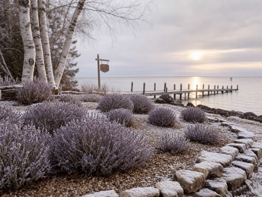 Snowy lavender bed on a Green Bay dock in Baileys Harbor, Wisconsin—Zone 5 winter care and drainage.