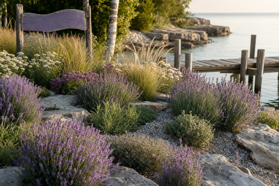 Lavender companion plants in a Door County, Wisconsin garden beside Green Bay