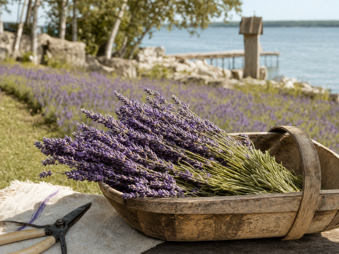 Fresh lavender harvest in a Baileys Harbor, Door County field beside Green Bay.
