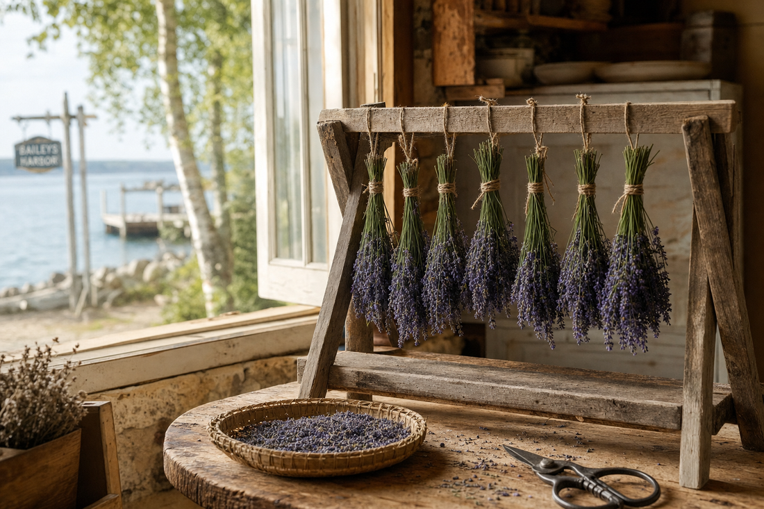 Drying lavender bundles in a Baileys Harbor, Door County farmhouse kitchen by Green Bay.
