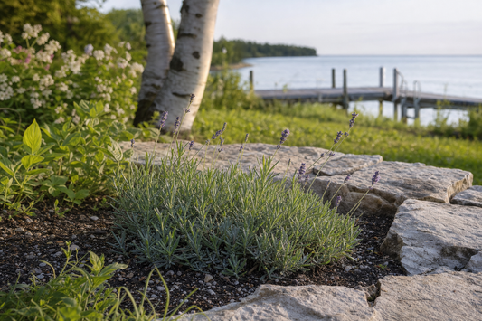 Lavender plants not blooming in a Door County, Wisconsin limestone garden beside Green Bay