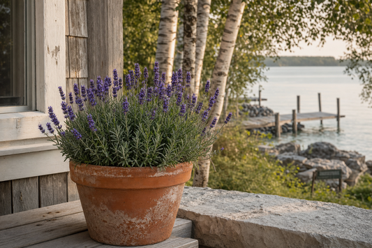 Super Blue lavender in a terracotta pot beside a Green Bay dock in Baileys Harbor, Wisconsin