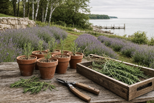 Lavender cuttings rooting in terracotta pots beside a Baileys Harbor field and Green Bay dock, Door County Wisconsin.