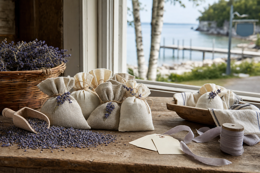 Lavender sachets DIY wedding favor in a Baileys Harbor, Door County Wisconsin farmhouse kitchen by Green Bay.
