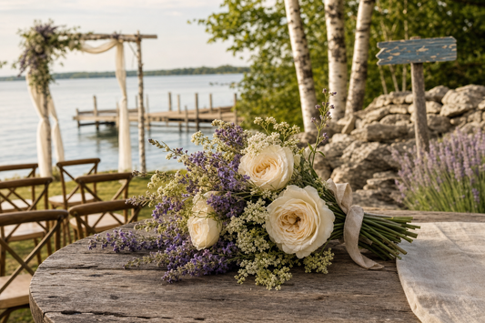 Lavender wedding bouquet on a weathered dock with Green Bay water in Door County, Wisconsin.