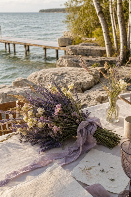 Lavender bridal bouquet on a Door County wedding table overlooking Green Bay in Baileys Harbor, Wisconsin