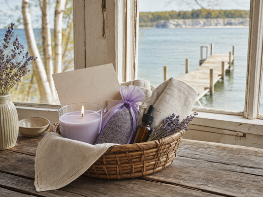 Mother's Day lavender gift basket with candle and sachet on a Door County Wisconsin table by Green Bay