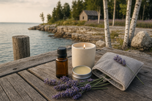 Father's Day lavender gifts from a Door County farm with amber oil, candle, and sachet on a Baileys Harbor dock