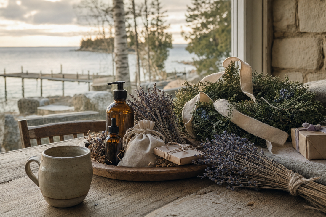 Lavender Christmas gifts on a rustic Door County table with Green Bay water and a weathered dock.