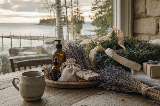 Lavender Christmas gifts on a rustic Door County table with Green Bay water and a weathered dock.