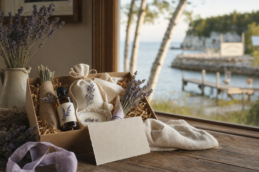 Corporate lavender gift box on a Door County shoreline with Green Bay water