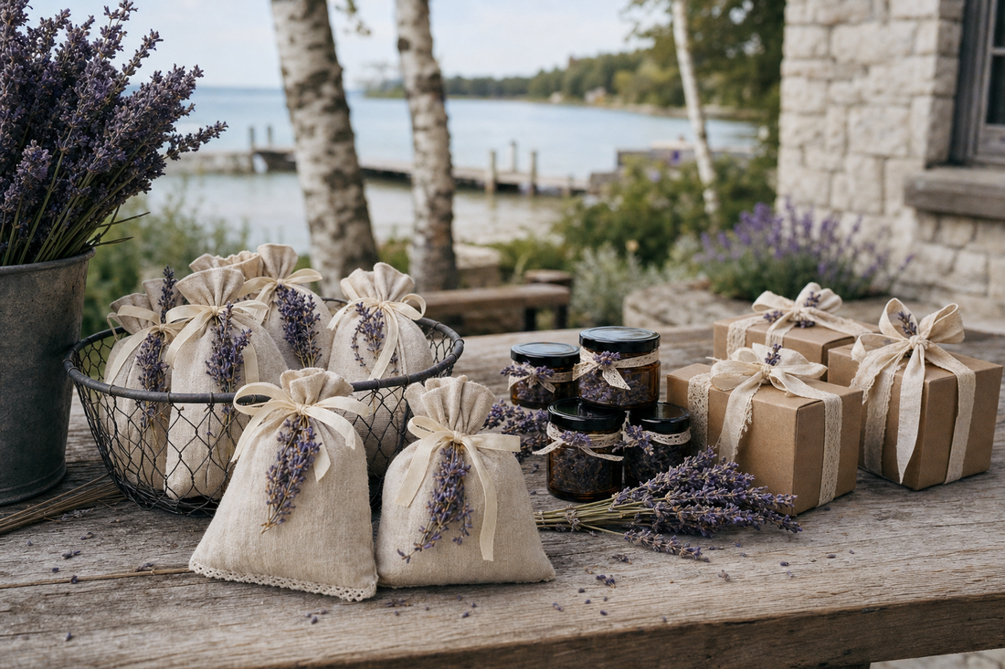 Lavender baby shower favors on a Door County table with birch, limestone, and Green Bay water