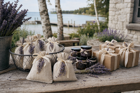 Lavender baby shower favors on a Door County table with birch, limestone, and Green Bay water