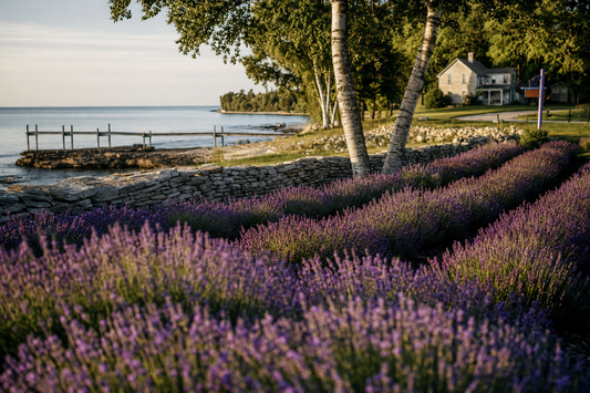 Door County lavender history in a Baileys Harbor, Wisconsin field beside Green Bay water and limestone