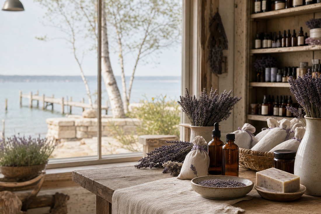 Island Lavender by Wilder products on an Ephraim, Door County lakeside table