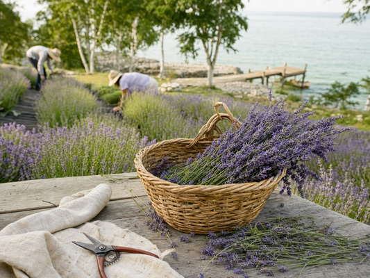 Lavender harvest baskets at a Door County farm beside Green Bay in Baileys Harbor, Wisconsin