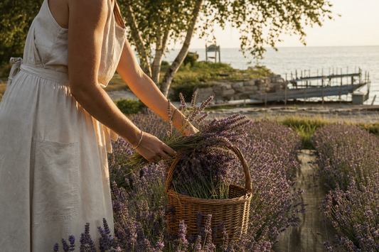 Hand-harvested lavender bundles in a Door County field overlooking Green Bay near Baileys Harbor, Wisconsin