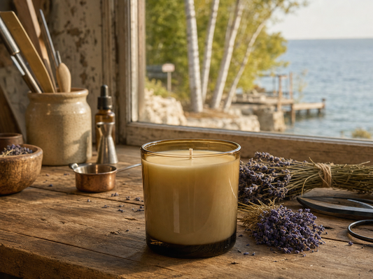 Lavender candle making on a Door County worktable overlooking Green Bay near Baileys Harbor