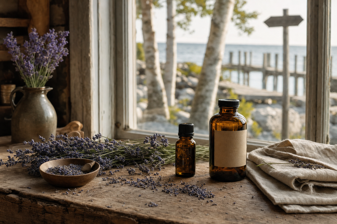 Real lavender essential oil in amber bottles with dried buds on a Door County worktable near Baileys Harbor