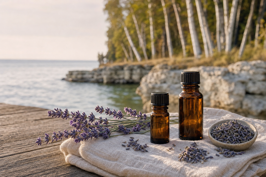Lavender aromatherapy bottles and fresh buds on a Green Bay dock in Baileys Harbor, Door County, Wisconsin.
